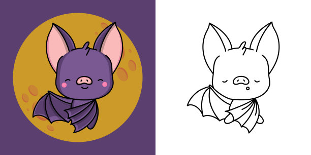 设置剪贴画飞鼠着色页和彩色插图。剪贴艺术卡哇伊蝙蝠。矢量插图的卡哇伊动物着色页，衣服的印刷品，贴纸，婴儿淋浴。图片下载