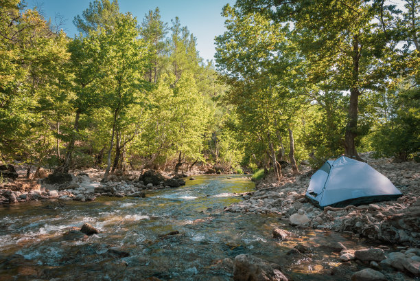 在河边的森林里露营的帐篷图片下载