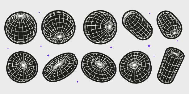 一套抽象的几何形状或新潮的野兽主义风格元素启发了野兽主义。平面矢量插图与三维线框模型。概念迷幻技术风格。图片下载