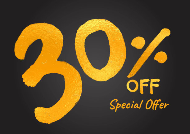 打30%。特别提供金字数字刷画手绘素描。30%折扣标签，贴纸，横幅，广告。30%数字设计矢量插图图片下载