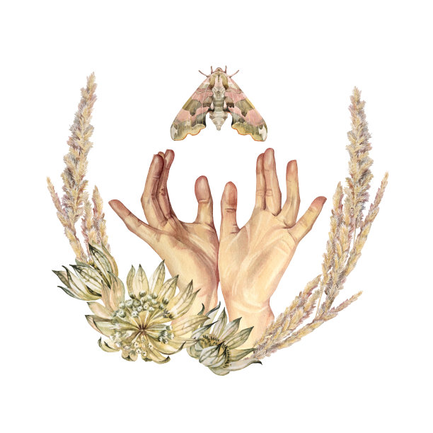 水彩画的人伸出手，波西米亚花和蛾子孤立在白色的背景。在邀请和贴纸上用手画出帮助或善意的手势。庆祝婚礼的神奇剪贴画图片下载