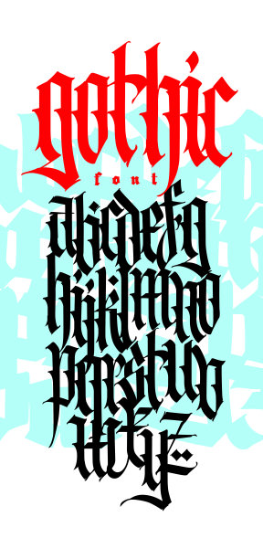 哥特式，显示英文字体。向量。中世纪拉丁字母。经典的设计。古老的欧洲风格。书法和刻字。小写字母代表商标、标签和纹身。图片下载