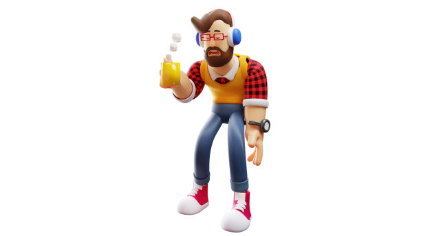 一个昏昏欲睡的3d男性卡通人物拿着一个杯子图片下载