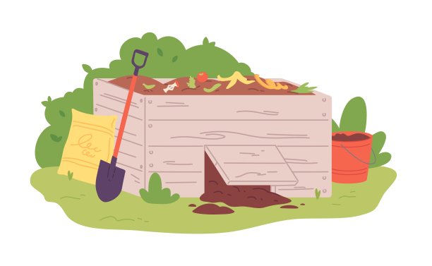 堆肥箱。腐殖质有机物在木仓，分解农业生物废料粪肥肥料堆肥水果蔬菜食物土堆土，花哨的载体插图图片下载