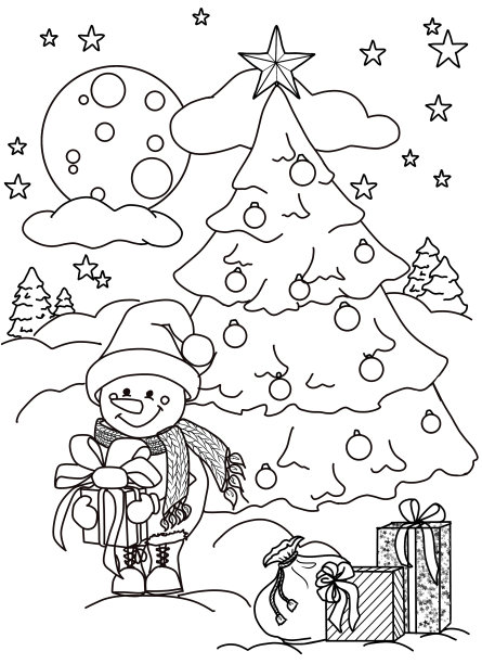 矢量插图，圣诞图片着色，雪人，礼物，月亮，夜晚，星星图片下载