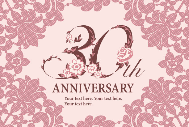 30周年纪念模板与优雅的鞋带。Flolal字体。矢量插图。图片下载