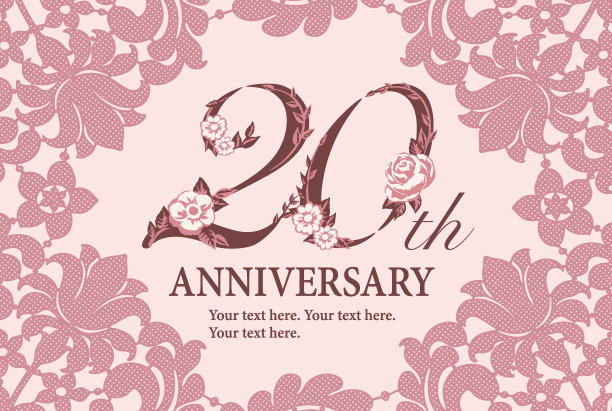 20周年纪念模板与优雅的鞋带。字体花花边。矢量插图。图片下载