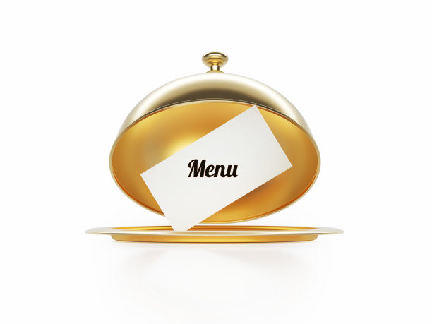 菜单写的卡片坐在一个白色背景的金盘里面图片下载