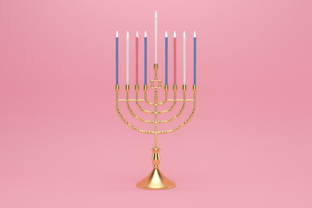3d渲染图像的犹太节日光明节与烛台或传统的烛台在粉红色的背景。图片下载