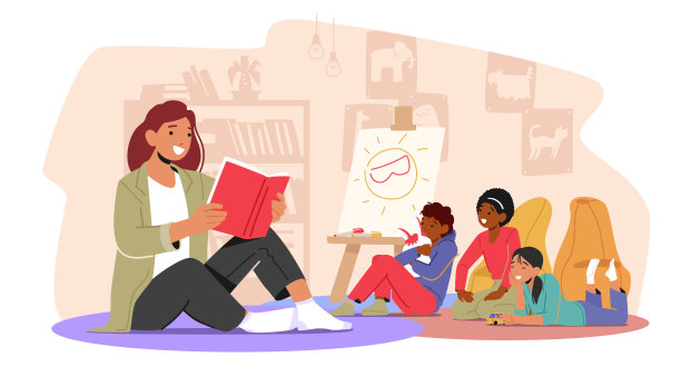 学前发展，儿童初等教育理念。幼儿园老师或保姆给孩子们讲故事图片下载