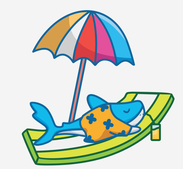 可爱的鲨鱼晒在五颜六色的伞下图片下载