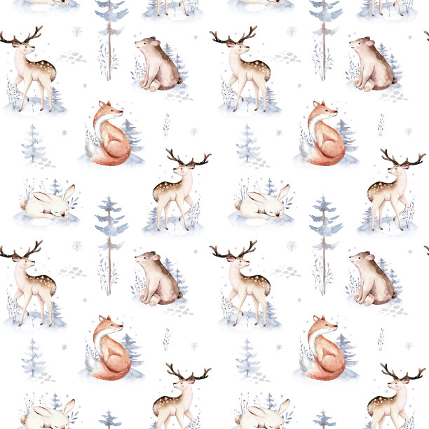 水彩冬季图案鹿与小鹿，猫头鹰兔子，熊鸟在白色的背景。野生森林狐狸和松鼠动物集合。手绘冬季插画图片下载