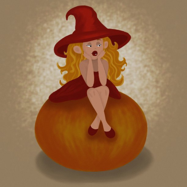 一个红头发、穿着红衣服、帽子和鞋子的小仙女坐在一个橙色的大南瓜上图片下载