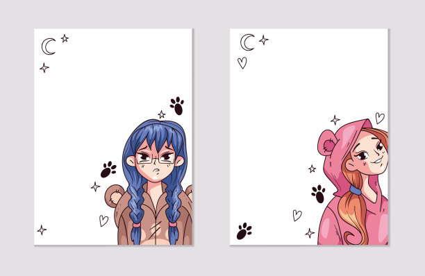 日本动漫漫画女孩板空文字空间旗帜卡片孤立设置。平面设计元素矢量插图图片下载