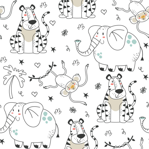 丛林动物游猎无缝可爱图案封面背景线艺术概念。矢量图形设计元素插图图片下载