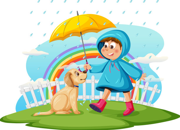 雨天，一个穿着雨衣的男孩和一只狗图片下载