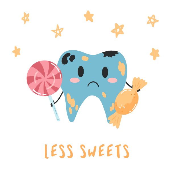 儿童海报与牙齿字符，糖果和文字。平面卡通矢量插图不健康的碎牙与糖果，牙科护理概念，口腔卫生图片下载
