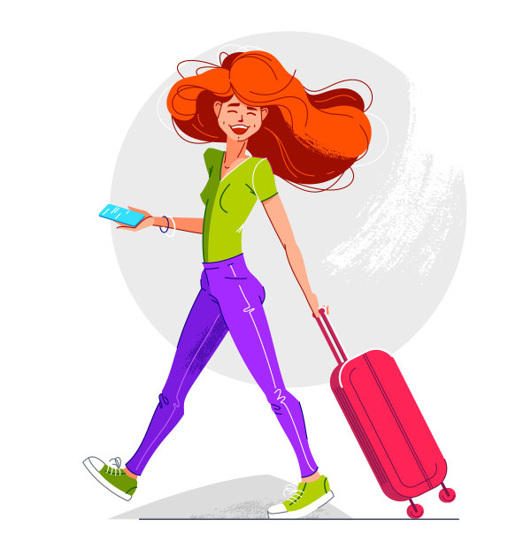 年轻快乐的女孩走着行李箱旅行袋图片下载