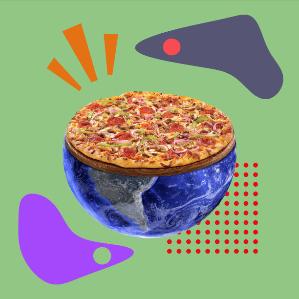 当代艺术拼贴的披萨，地球在一个明亮的背景。图片下载