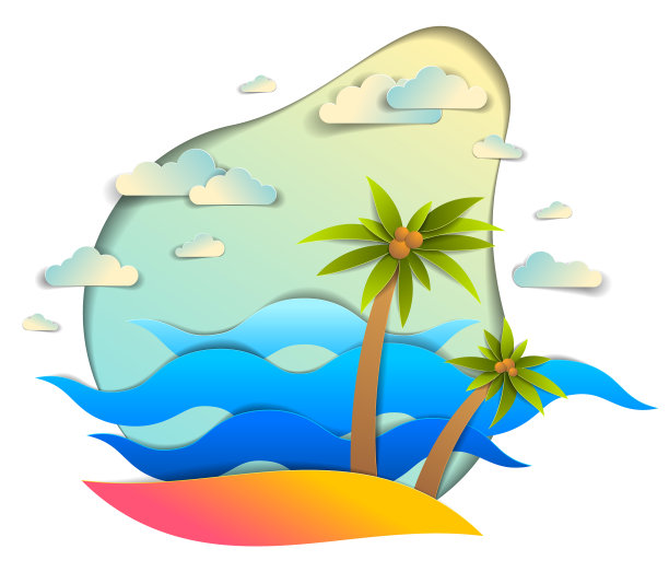 美丽的海景，有海浪、海滩和棕榈树图片下载