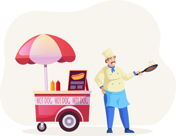 男厨师在街边的食品贩卖机里做热狗图片下载