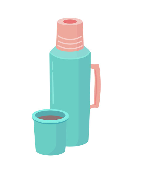 野营保温瓶与热饮扁平风格图片下载