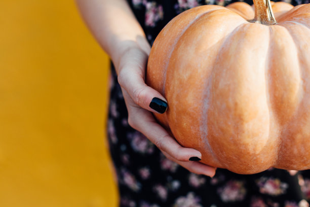 小女孩拿着一个南瓜的特写图片下载