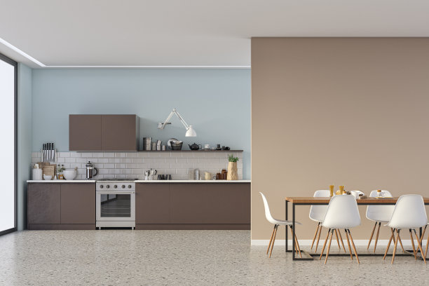 现代厨房和餐厅70年代的复古风格的水磨石地板图片下载