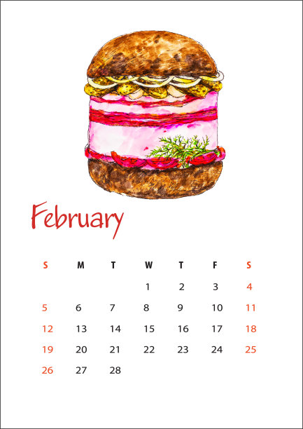 2023年2月日历单，多汁乌克兰汉堡与培根，腌黄瓜，洋葱，西红柿和蒜瓣黑麦面包水彩插图孤立在白色背景，a4图片下载