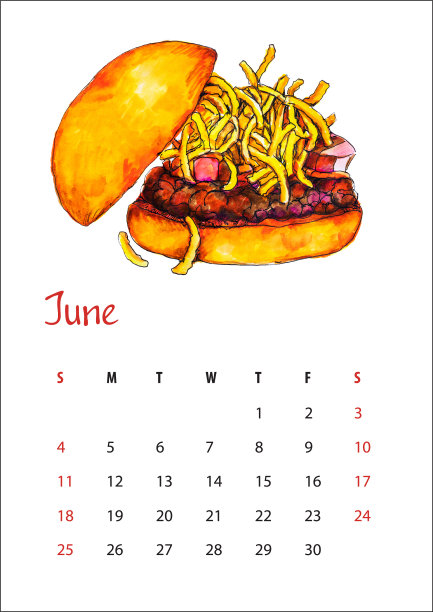 2023年6月美味鲜味汉堡日历单，内含牛肉、香菇、糖醋酱、奶酪和炸番茄。水彩插图，素描，a4图片下载