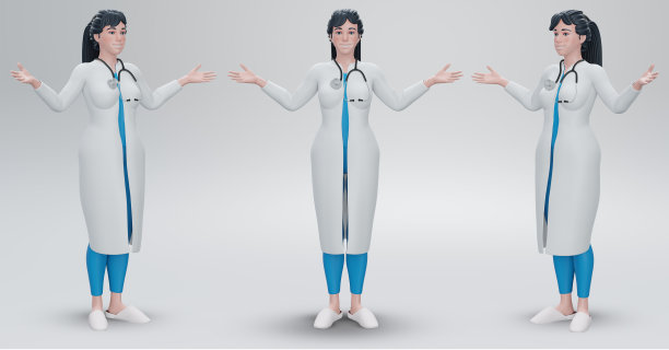 3 d渲染。卡通人物年轻女医生举手。女医生全身制服。图片下载