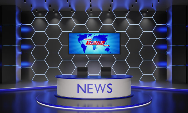 在新闻演播室的玻璃桌椅与led屏幕背景。3 d渲染。图片下载