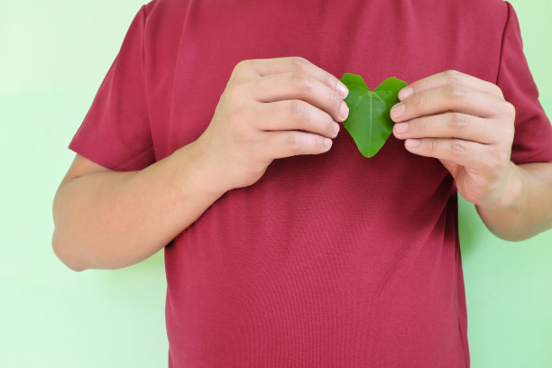 健康的心，热爱自然，志愿环保的理念。年轻的亚洲男子双手拿着一个绿色的心形叶子在左上胸部与复制空间。图片下载