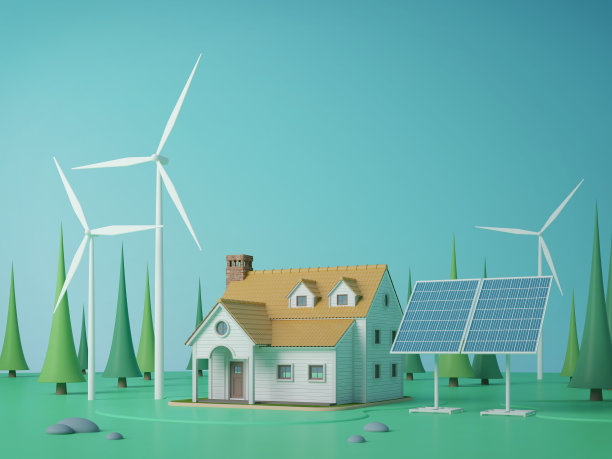 节能房子。太阳能电池板和风车。卡通风格。三维渲染图片下载