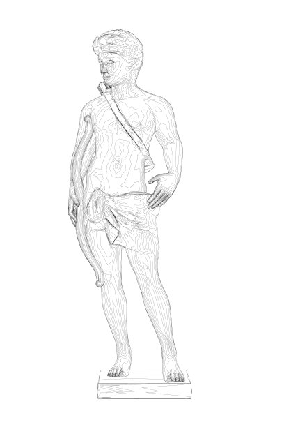 一尊男性弓箭手雕塑的轮廓，由白色背景上孤立的黑线构成。前视图。矢量插图。图片下载