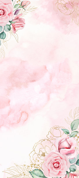 水彩花卉垂直菜单与绿叶和玫瑰花婚礼插画图片下载