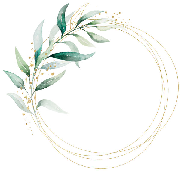 几何金色框架制成的绿色水彩树叶，婚礼插画图片下载