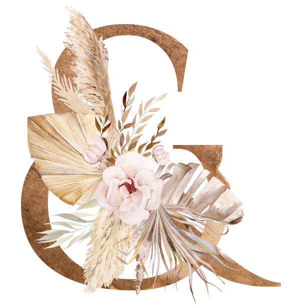 水彩符号& &饰以干叶和热带花朵，波西米亚字母插图图片下载