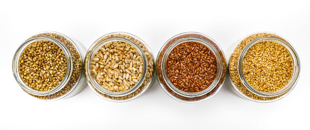 装满坚果、谷物和谷物的储物罐图片下载