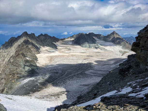 在大康宾山上登山。山顶的美景，有许多冰川和山脉。欧洲阿尔卑斯山的高海拔旅游。Valais瑞士。高质量的照片图片下载