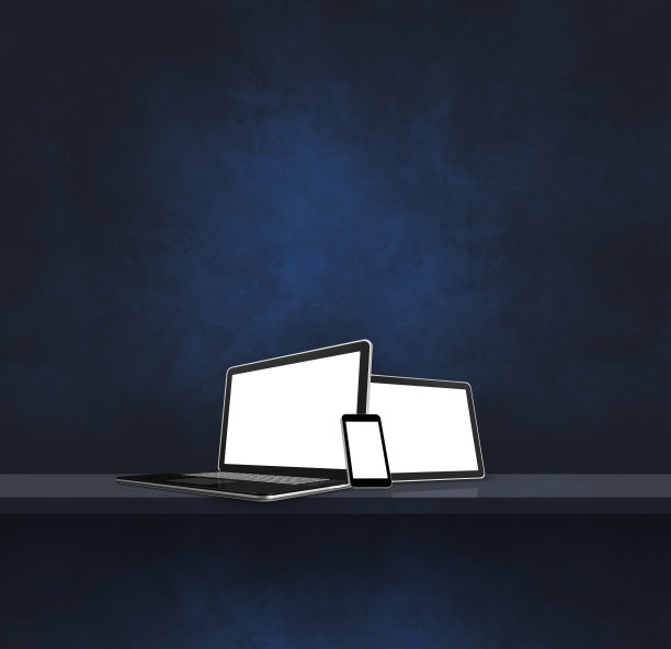 笔记本电脑，手机和数字平板电脑在黑色的墙架子上。广场背景图片下载