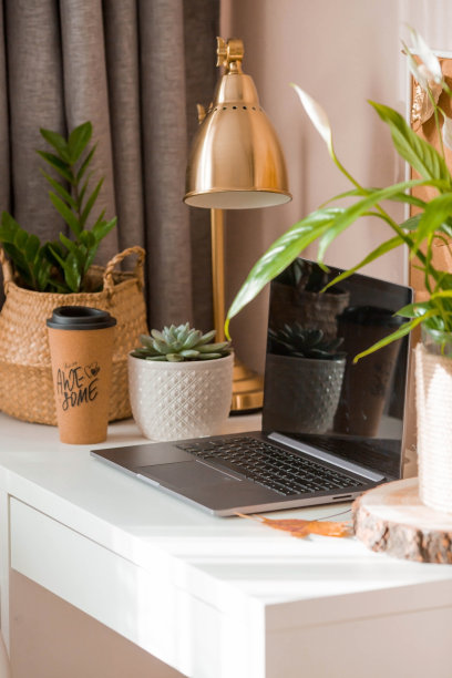 工作在家里。笔记本电脑，植物和咖啡杯放在一张白色的桌子上。在隔离区开始工作人力资源管理的概念、招聘和招聘。图片下载