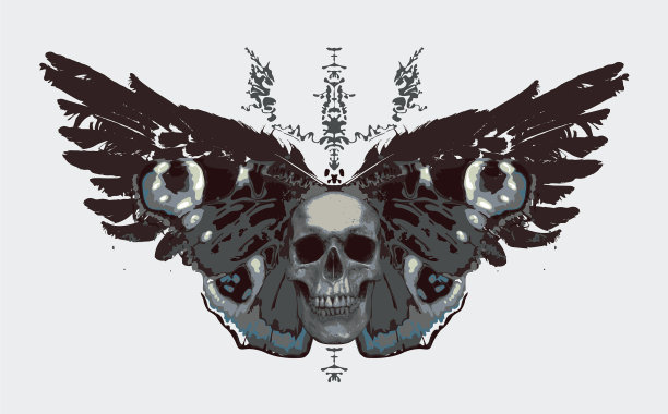 黑色拼贴人类头骨孔雀蝴蝶图片下载