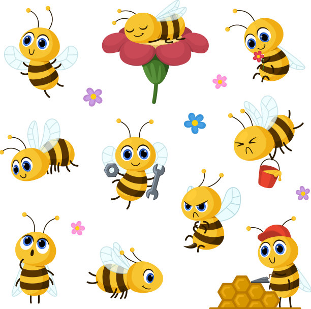 可爱的卡通蜜蜂蜂蜜和蜜蜂孩子的角色图片下载