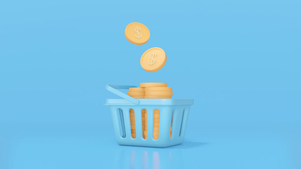 概念购物篮装满了一美元硬币。盒子蓝色，背景蓝色。三维渲染图片下载