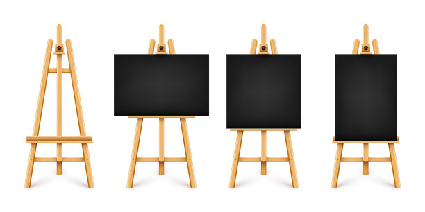 逼真的油漆办公桌与空白的黑色画布图片下载