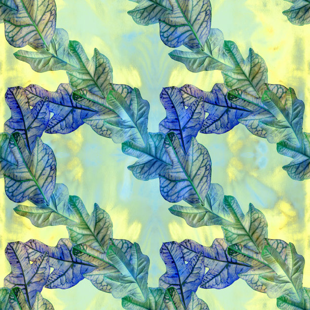 树叶上的水彩背景，装饰组成与植物元素。巴豆。无缝模式。Ecoprint。使用印刷产品，标牌，海报，明信片，包装。图片下载