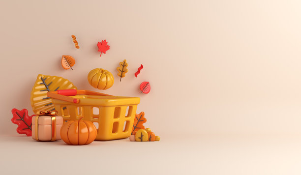 秋季万圣节大甩卖装饰背景用篮子购物车，南瓜，礼品盒，树叶，复制空间文字，3D渲染插画图片下载