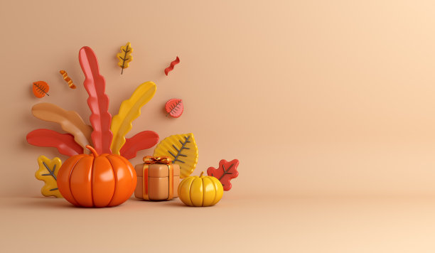 秋季装饰背景与南瓜，橙叶，礼品盒复制空间文字，3d渲染插图图片下载