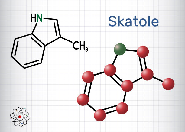粪臭素,3-methylindole分子。属于吲哚族，在许多香水中用作芳香剂和固定剂，也用作芳香化合物。一张放在笼子里的纸图片下载